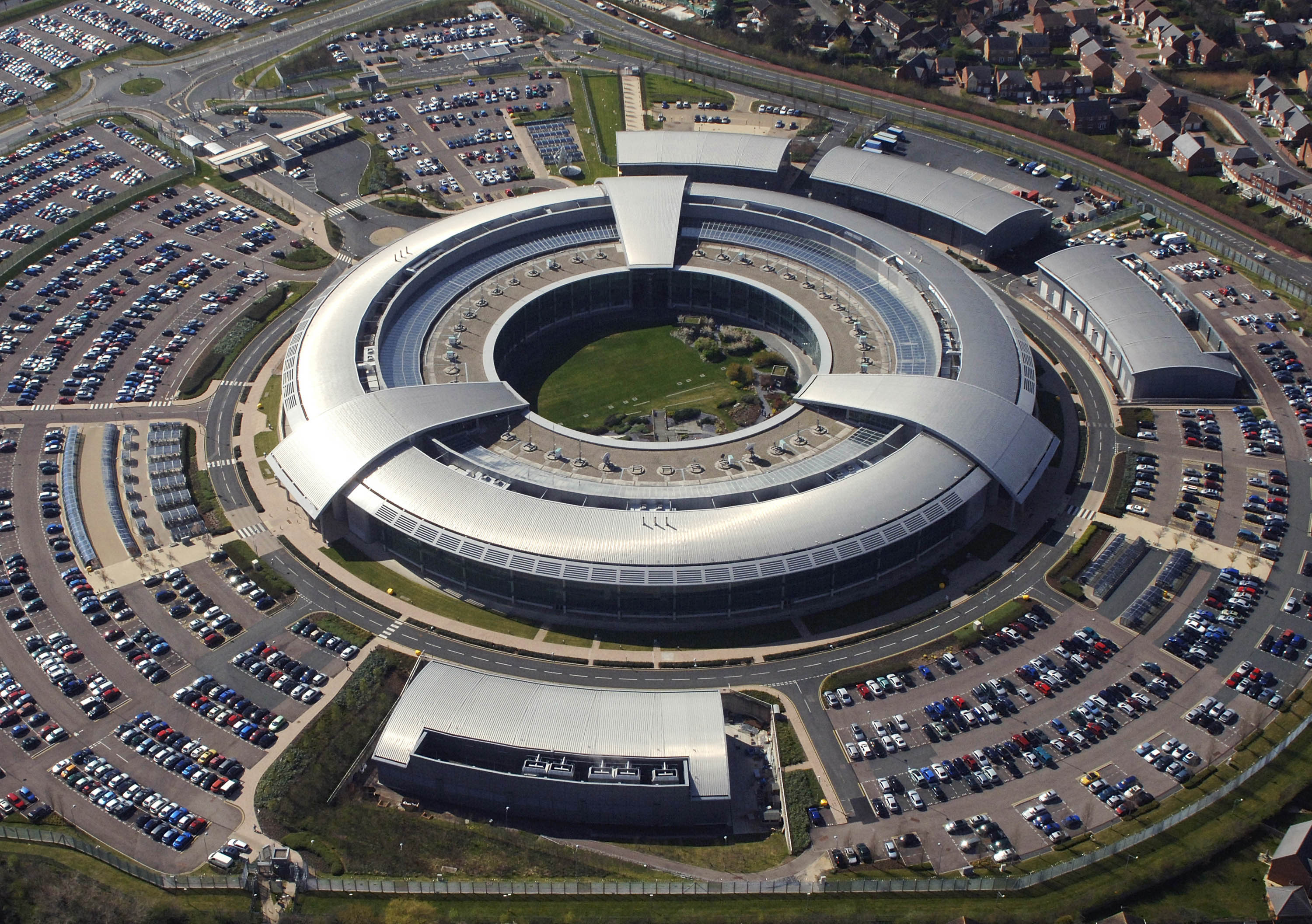 An aerial image of the Government Communications Headquarters (GCHQ) in Cheltenham, Gloucestershire. 